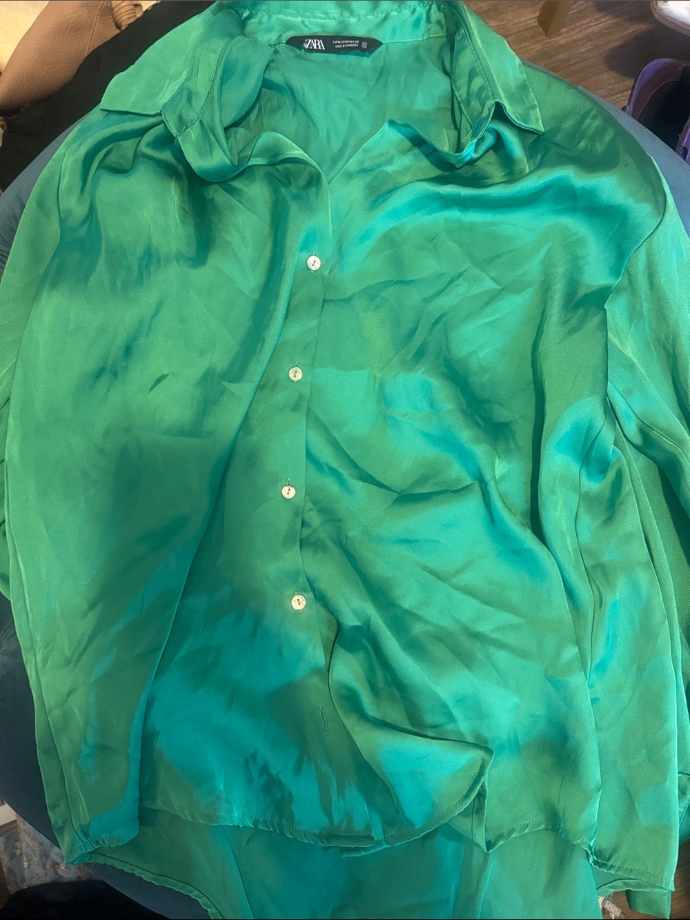 ZARA Green Satin Button-Up Shirt